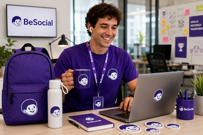 Time BeSocial usando a plataforma com merch da empresa